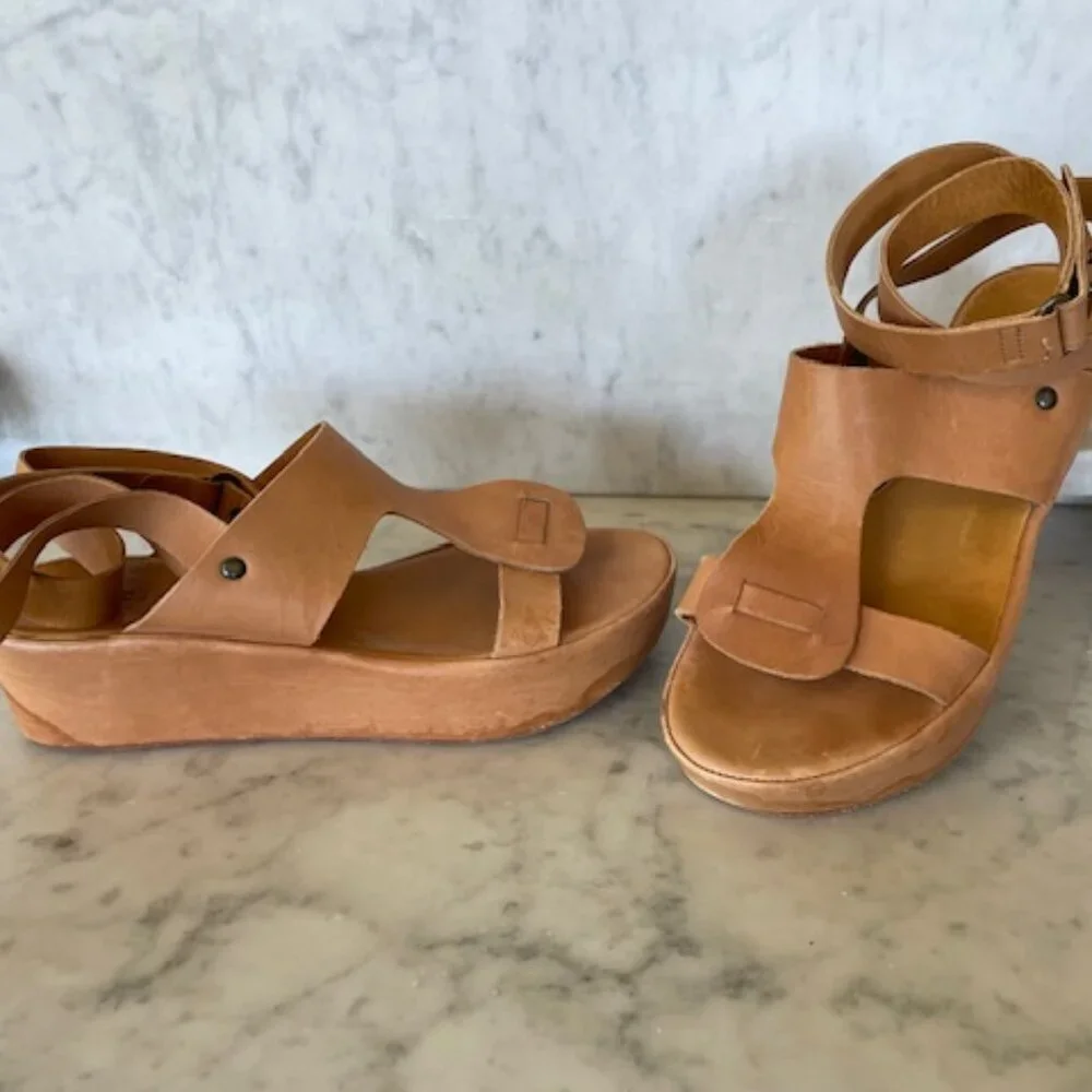 COCLICO Leather Platform Sandals Ankle Leg Wrap Tan Vintage 37